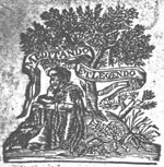 Old man sitting on the ground below a tree, reading; beside him on the ground: an armillary sphere, a quadrant, an ink-well and a quill, an open book, and a Jacob's staff; banderole with inscription