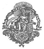 A woman, carrying a yoke, kneeling on the right knee, milk or water coming (spouting) from the right breast, a stone; books and what seems to be a printing press; banderole with inscription
