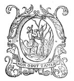 A man cutting a branch from a tree with a knife; frame decorated with foliage, banderole with inscription