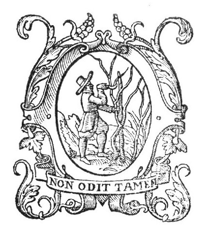A man cutting a branch from a tree with a knife; frame decorated with foliage, banderole with inscription