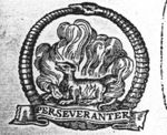 Salamander in a fire, encircled by Ouroboros; banderole with inscription