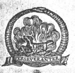 Salamander in a fire, encircled by Ouroboros; banderole with inscription