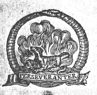 Salamander in a fire, encircled by Ouroboros; banderole with inscription