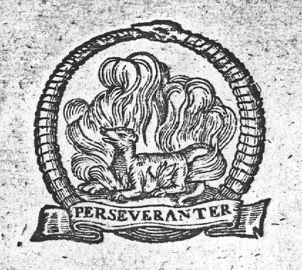 Salamander in a fire, encircled by Ouroboros; banderole with inscription