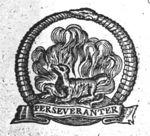 Salamander in a fire, encircled by Ouroboros; banderole with inscription