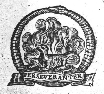 Salamander in a fire, encircled by Ouroboros; banderole with inscription