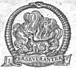 Salamander in a fire, encircled by Ouroboros; banderole with inscription