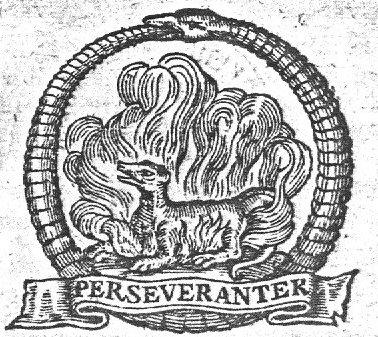 Salamander in a fire, encircled by Ouroboros; banderole with inscription