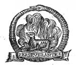 Salamander in a fire, encircled by Ouroboros; banderole with inscription