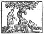 A tree with a woman carrying an oil-lamp(?) and a man, sitting on the ground; a banderole; a line framing the scene