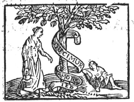 A tree with a woman carrying an oil-lamp(?) and a man, sitting on the ground; a banderole; a line framing the scene