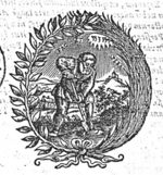 A man spading in a landscape; Jahweh-tetragram; a laurel-branch and a palm-branch as frame