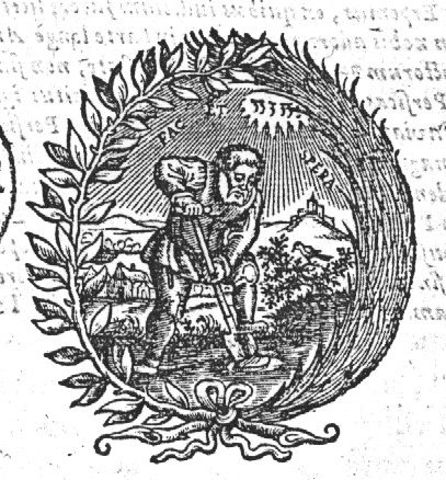 A man spading in a landscape; Jahweh-tetragram; a laurel-branch and a palm-branch as frame