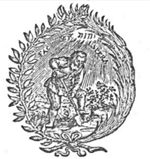 A man spading in a landscape; Jahweh-tetragram; a laurel-branch and a palm-branch as frame