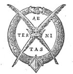 Two crossed quills and a crown; two joined hands