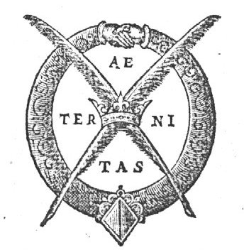 Two crossed quills and a crown; two joined hands