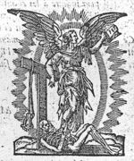 Allegory on the Christian Religion: a winged woman holding an open book and leaning against a tau-shaped cross; a bit hanging on one arm of the cross; a skeleton, symbolizing Death, below the feet of the woman