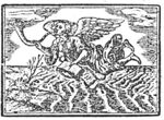 A flying woman, wings at the shoulder, blowing a trumpet and holding an open book; seascape, coast