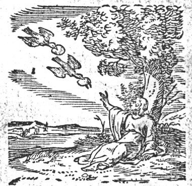 Elijah fed by the ravens (Dutch: 'raven'): while the prophet is living by the brook, ravens bring him food