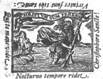 Saint Christopher, with the infant Christ on his shoulders, wading through the water and carrying his staff (palm-tree); a banderole fixed to his staff; a hermit stands on the river bank, a lantern in his hand