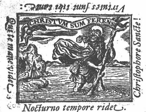 Saint Christopher, with the infant Christ on his shoulders, wading through the water and carrying his staff (palm-tree); a banderole fixed to his staff; a hermit stands on the river bank, a lantern in his hand