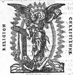 Allegory on the Christian Religion: a winged woman holding an open book and leaning against a tau-shaped cross; a bit hanging on one arm of the cross; a skeleton, symbolizing Death, below the feet of the woman