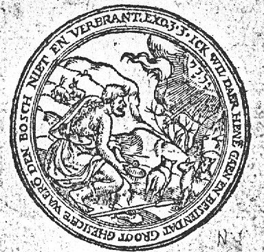 Moses taking off his sandals in front of the burning bush, above which a Jawheh-tetragram appears