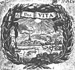 Landscape with windmill; rose-bush; inscribed banderole; wreath as frame