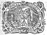 David as psalmist, playing the harp, crown on the floor; buildings in the backgrounds; Jahweh-tetragram; decorated frame