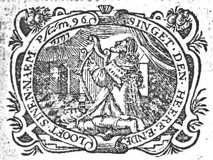 David as psalmist, playing the harp, crown on the floor; buildings in the backgrounds; Jahweh-tetragram; decorated frame
