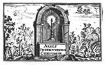 Forest with a burning candle in a ruin (niche); forest workers (used symbolically?), planting trees, cutting and sawing wood and spading, surround the niche; a broken column