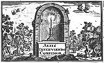 Forest with a burning candle in a ruin (niche); forest workers (used symbolically?), planting trees, cutting and sawing wood and spading, surround the niche; a broken column