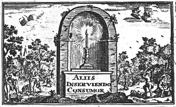 Forest with a burning candle in a ruin (niche); forest workers (used symbolically?), planting trees, cutting and sawing wood and spading, surround the niche; a broken column