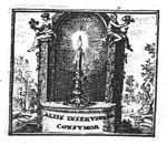 Forest with a burning candle in a ruin (niche); on top of the niche: Father Time (wings, hourglass with wings) and a woman stretching her right hand forward, holding a flower (allegory?); in the background forest workers (used symbolically?) are planting a tree, cutting wood and sitting at a fire