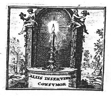 Forest with a burning candle in a ruin (niche); on top of the niche: Father Time (wings, hourglass with wings) and a woman stretching her right hand forward, holding a flower (allegory?); in the background forest workers (used symbolically?) are planting a tree, cutting wood and sitting at a fire