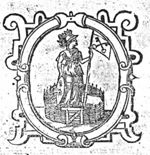 Minerva (lance with banner with the crossed keys of Leiden, helmet and shield) in an enclosed garden; decorated frame