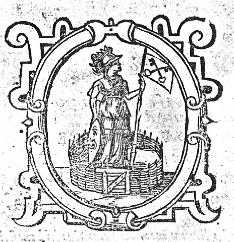 Minerva (lance with banner with the crossed keys of Leiden, helmet and shield) in an enclosed garden; decorated frame
