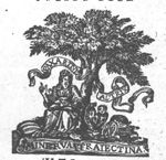 Minerva (owl, Aegis) sitting under a tree with an open book, surrounded by various objects: astrolabe, books, palette, globe; Minerva as patroness of the city of Utrecht; banderoles with inscription
