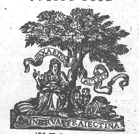Minerva (owl, Aegis) sitting under a tree with an open book, surrounded by various objects: astrolabe, books, palette, globe; Minerva as patroness of the city of Utrecht; banderoles with inscription
