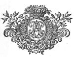 Decorated monogram, floral interlace; frame decorated with a basket of fruit, and branches