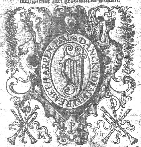 A harp illustrating "psalm 33:2"; frame decorated with hybrids of mixed human and animal shape, foliage, musical instruments and monogram