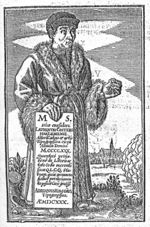 Portrait of Laurens Janszoon Coster as the inventor of printing, in a scholar's gown, holding a letter 'A' and a paper with inscription; a tree-stub from which a branch is sprouting; a city-view of Haarlem in the background
