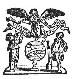An armillary sphere; a man with a spade, Fama (two trumpets), a man with a Jacob's staff; banderole with inscription