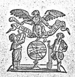 An armillary sphere; a man with a spade, Fama (two trumpets), a man with a Jacob's staff; banderole with inscription