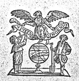An armillary sphere; a man with a spade, Fama (two trumpets), a man with a Jacob's staff; banderole with inscription