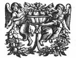 Two floating angels carrying a basket of fruit and flowers; a festoon attached to the bottom of the basket hangs from their arm