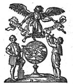 An armillary sphere; a man with a spade, Fama (woman with two trumpets) and a man with a Jacob's staff; banderole with inscription