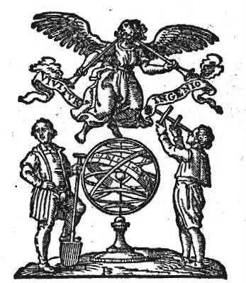 An armillary sphere; a man with a spade, Fama (woman with two trumpets) and a man with a Jacob's staff; banderole with inscription