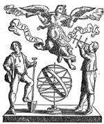 An armillary sphere; a man with a spade, Fama (woman with two trumpets) and a man with a Jacob's staff; banderole with inscription