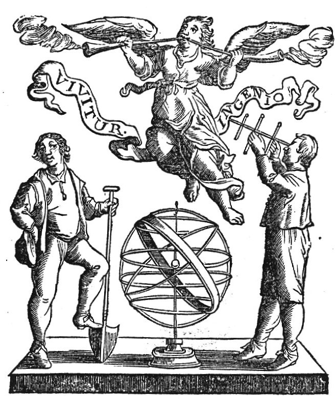 An armillary sphere; a man with a spade, Fama (woman with two trumpets) and a man with a Jacob's staff; banderole with inscription